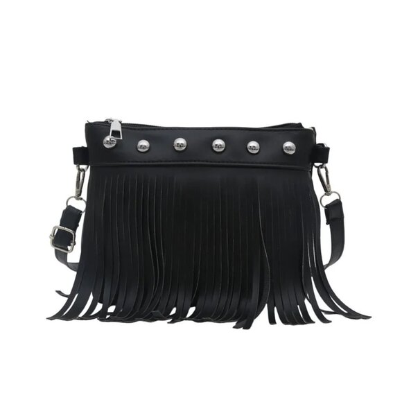 2/$30 Black Fringe Crossbody Leather Bag with Stud Accents Boho Shoulder Purse - Picture 4 of 6